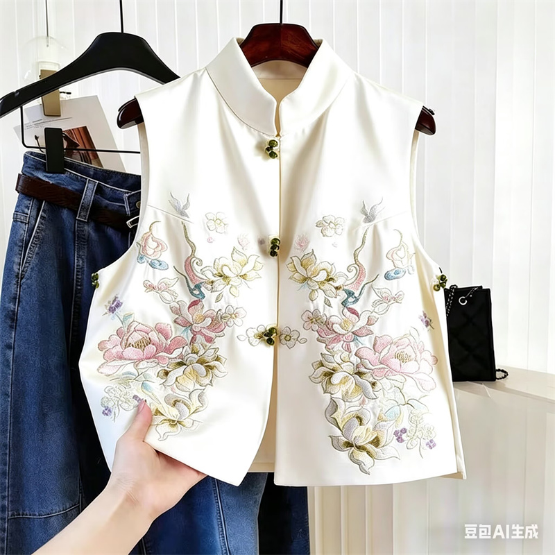 Nouvelle veste chic ample pour femme, style national, en satin brodé de fleurs, avec boucle de perles de jade, collection printemps-été