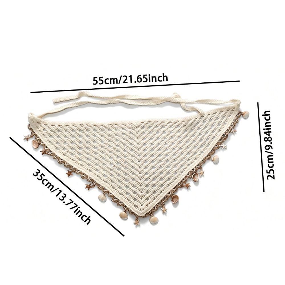 Foulard de tête bohème ajouré au crochet, à bords frangés, bandana triangulaire orné de paillettes, foulard de plage à paillettes coquillages