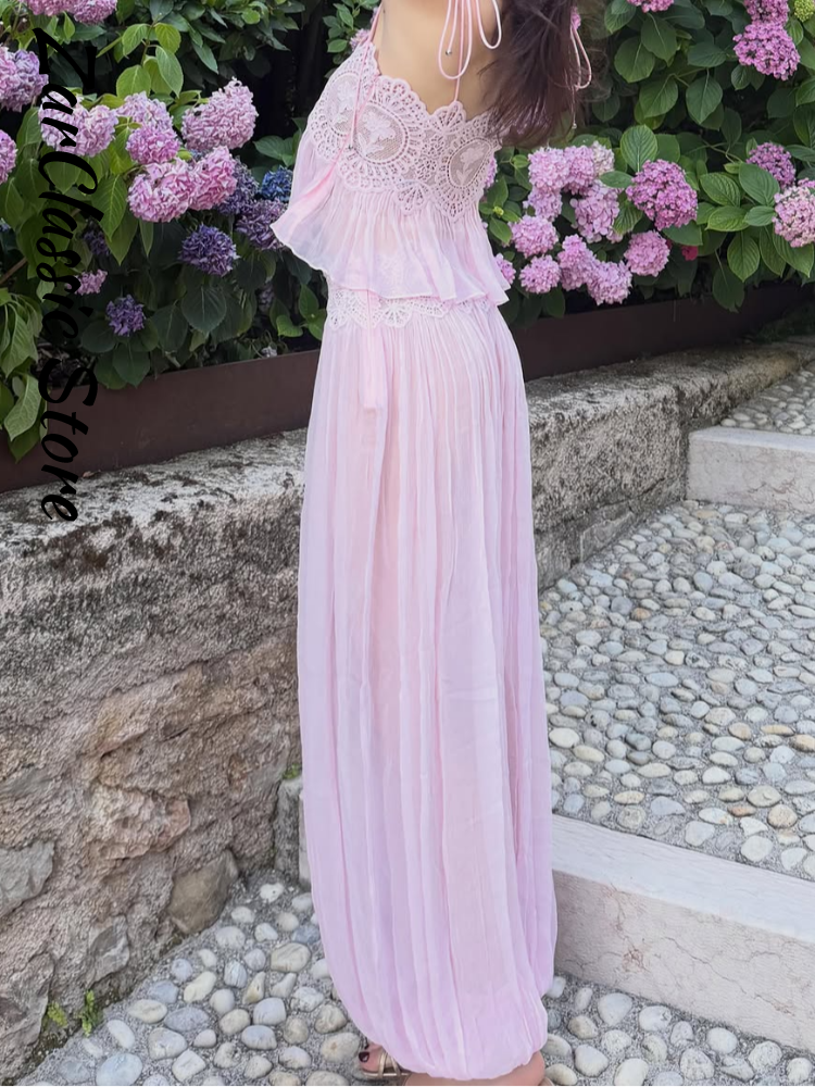 Ensemble femme en dentelle rose plage, débardeur transparent à bretelles et pantalon plissé à jambes larges, tenue décontractée pour les vacances, nouvelle collection
