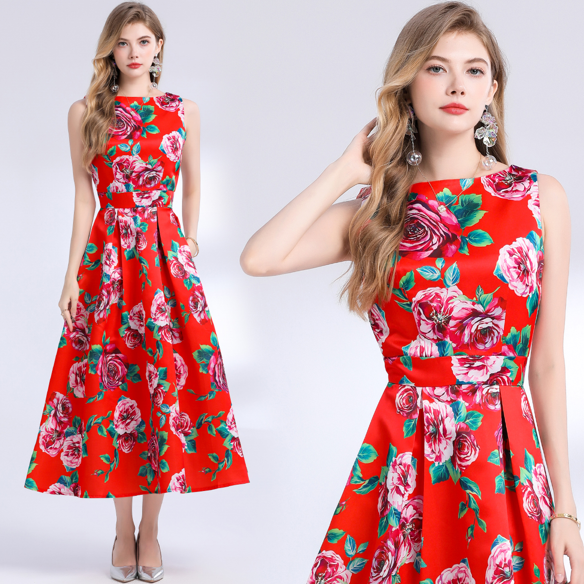 Robe d'été à fleurs Jacquard pour femmes, sans manches, débardeur, col rond, imprimé Floral Empire, longue plage, fête, robes de soirée mi-longues