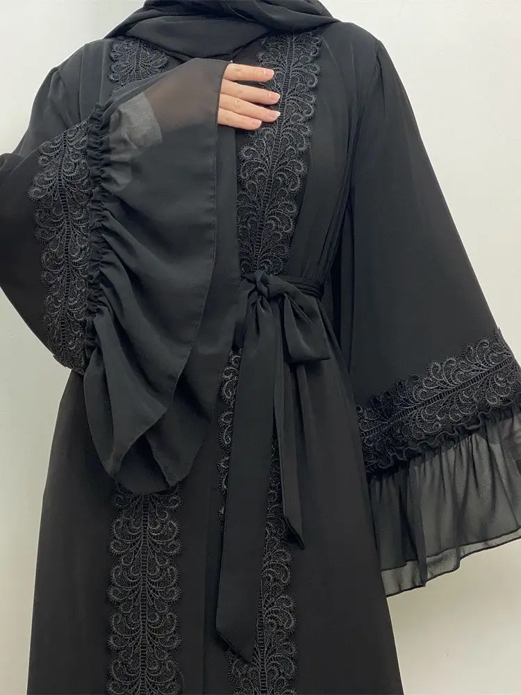Abayas noires musulmanes avec ceinture pour femmes, Djellaba marocaine, Dubaï, manches évasées brodées, dentelle, Eid, Islam