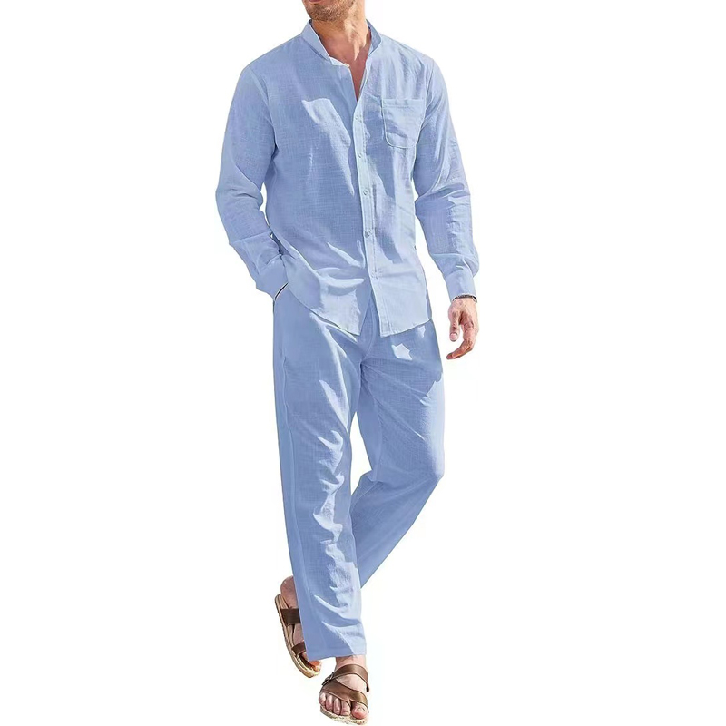 Chemise à manches longues à col en V pour hommes, lin trempé, respirant, solide, document, décontracté, sport, mode, ensemble deux pièces, tenues pour hommes, fj2