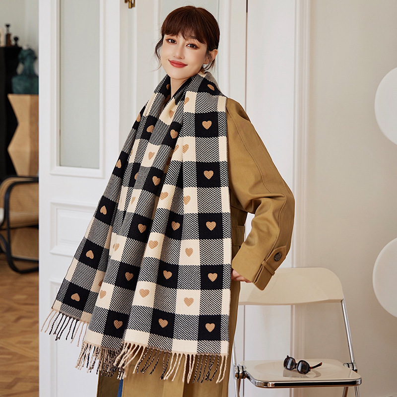 1 écharpe à motifs de cœur pour femmes, écharpe confortable à carreaux pour femmes, écharpe châle épaisse et grande couverture, automne et hiver