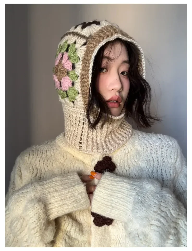 Cagoule en Crochet faite à la main pour femmes, chapeaux d'automne et d'hiver, pull tricoté en laine, bonnets, cache-cou, casquettes à capuche