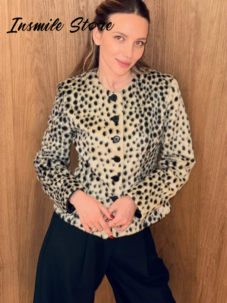 Veste courte à imprimé léopard tendance pour femmes, coupe ajustée, col rond, manches longues, veste à simple boutonnage, automne 2026, vêtement vintage pour femme, nouveauté.