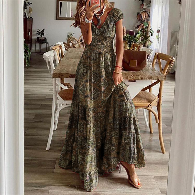 Nouvelle Robe Longue Style Bohème Européen et Américain 2026, Taille Cintrée, Imprimé Floral, Robe à Grand Ourlet