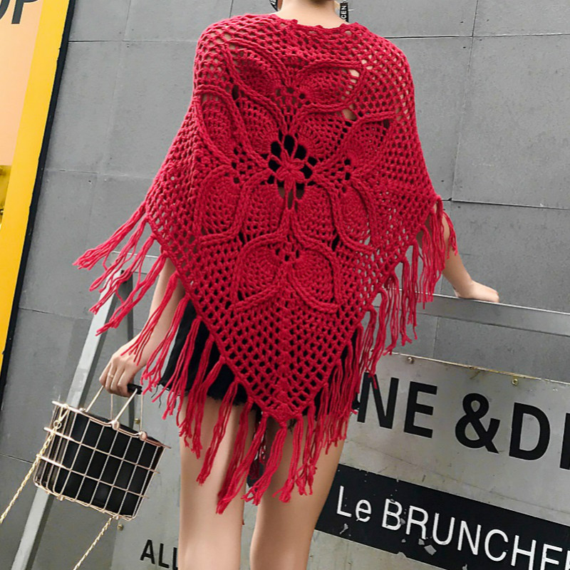 Écharpe en coton évidée faite à la main pour femmes, enveloppes élégantes, grand châle, cape, vêtements d'extérieur vintage, pompon assressenti, nouvelle mode