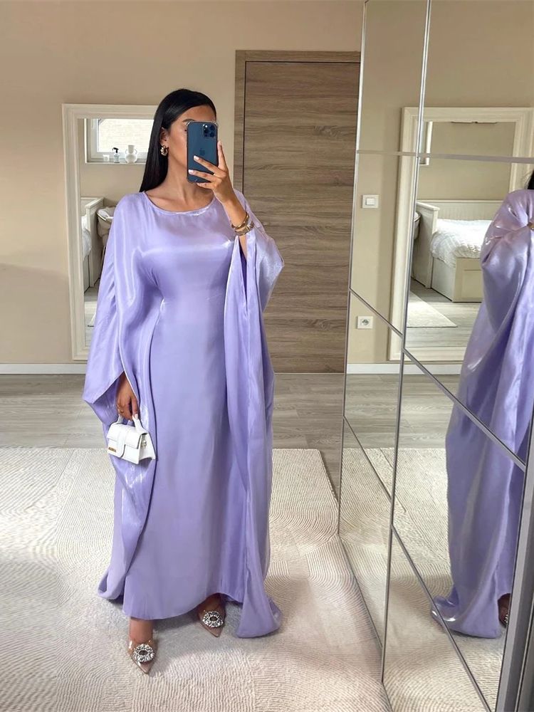 Ramadan Eid été Satin chauve-souris Abaya dubaï femmes Islam musulman Maxi caftan robes Kebaya Caftan Marocain Robe Femme Musulmane