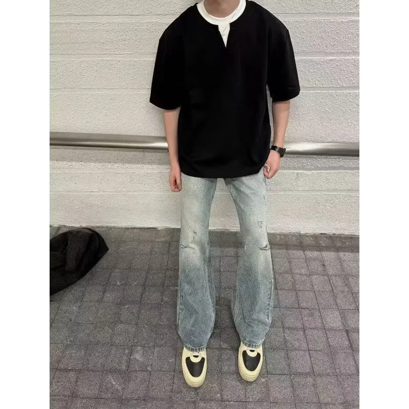 T-shirt pour homme style coréen, faux deux pièces, col en V, tissu épais, coupe ample, décontracté, manches courtes