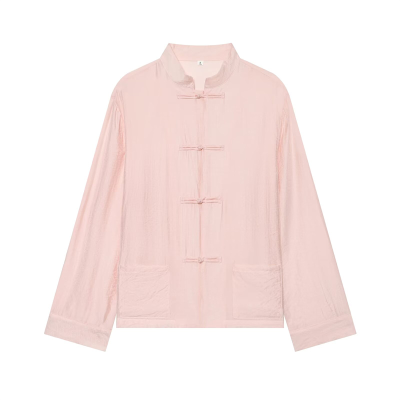 Chemise en satin à nœuds chinois vintage 2026 pour femme, col montant, manches longues, haut élégant style Tang
