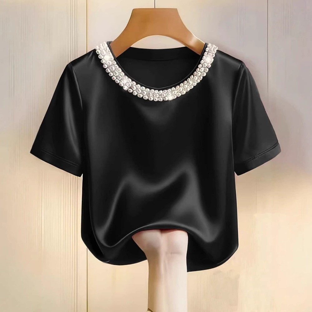 T-shirt en satin de soie ample de luxe léger, élégant, pour femme, style français, à manches courtes, idéal pour le bureau ou l'été