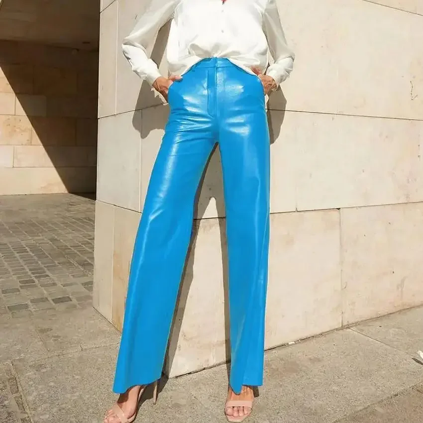 FJSPRING-Pantalon en cuir PU pour femme, taille moyenne, levage de la hanche, jambe droite, décontracté, mode