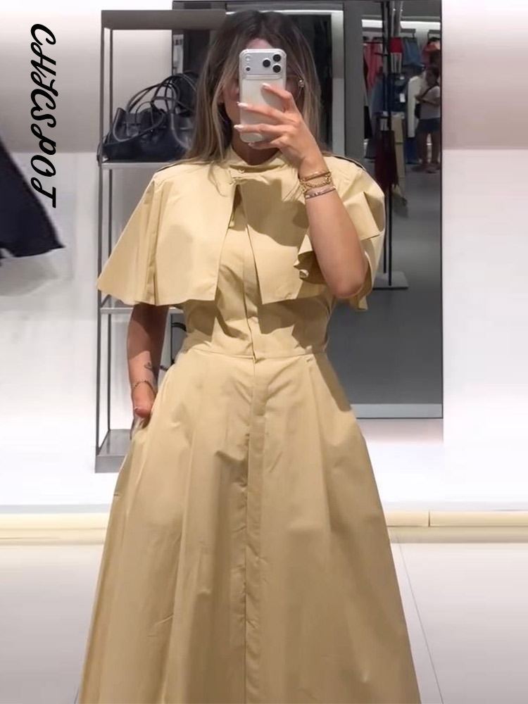 Robe chemise plissée à manches longues, à col cape, à lacets, à épaulettes, à taille cintrée, élégante et chic pour femmes, idéale pour les soirées.
