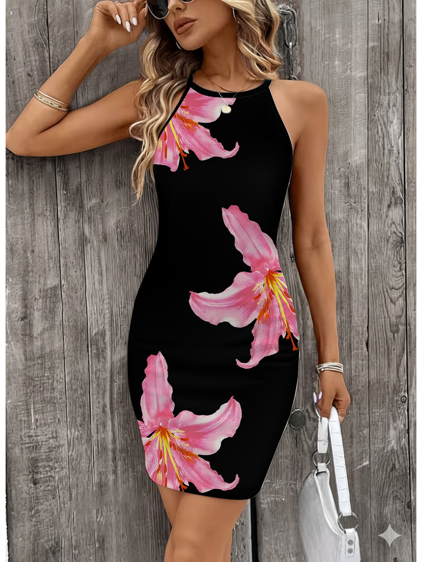 Robe d'été décontractée et élégante pour femmes, imprimé floral, col rond, sans manches, jupe mi-longue