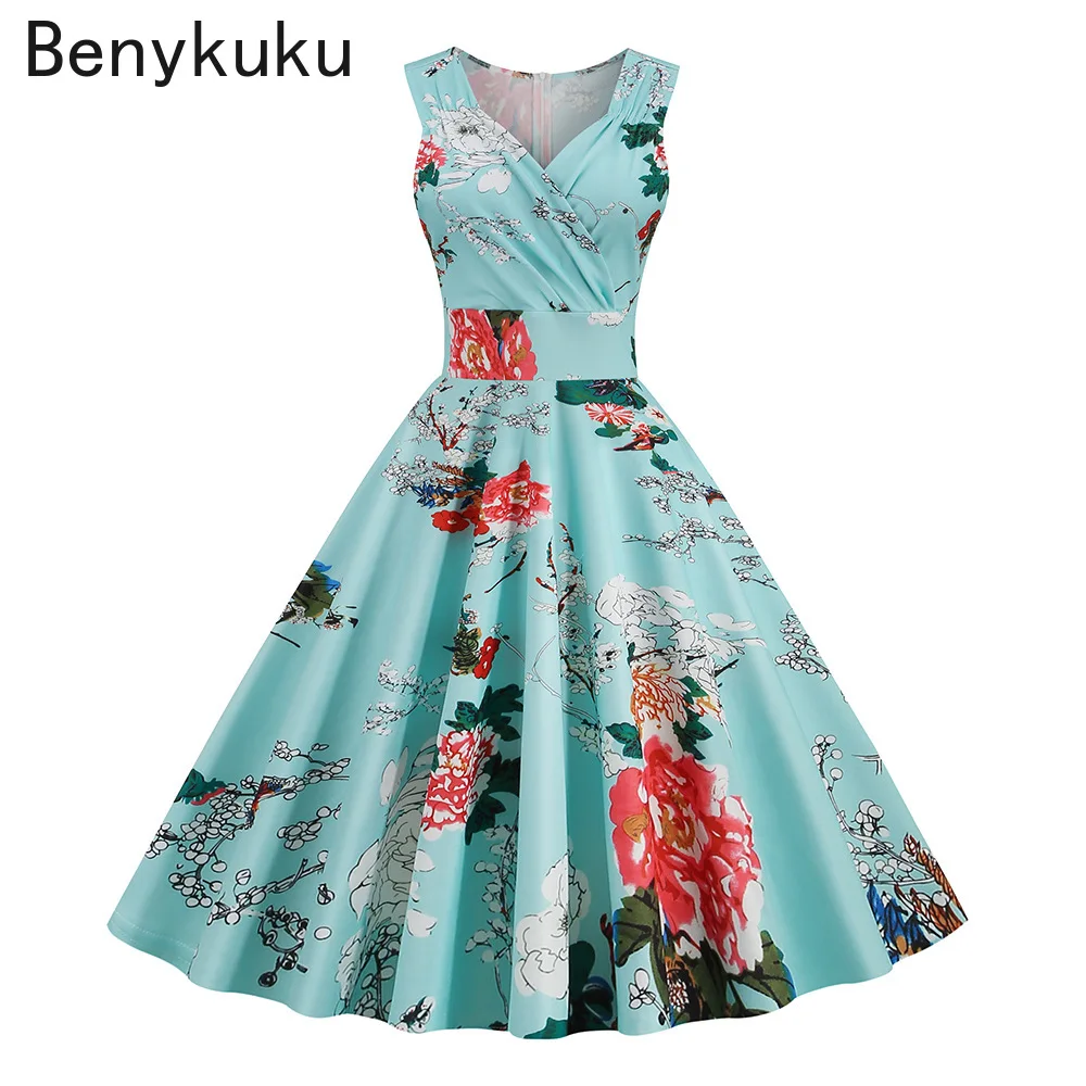 Robe d'été élégante pour femme, style Hepburn, imprimé rétro, sans manches, col en V, motif floral, coupe évasée, vintage, années 50-60, collection 2026