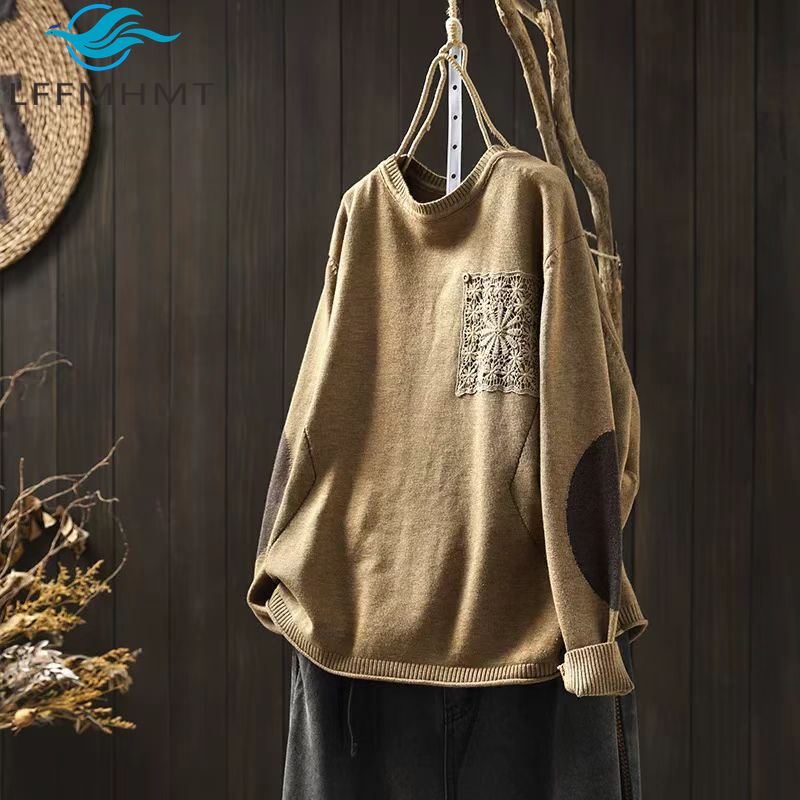 Pull en patchwork vintage pour femme, pull à col rond, pull simple et confortable, décoration en dentelle, bonne qualité, mode automne et hiver