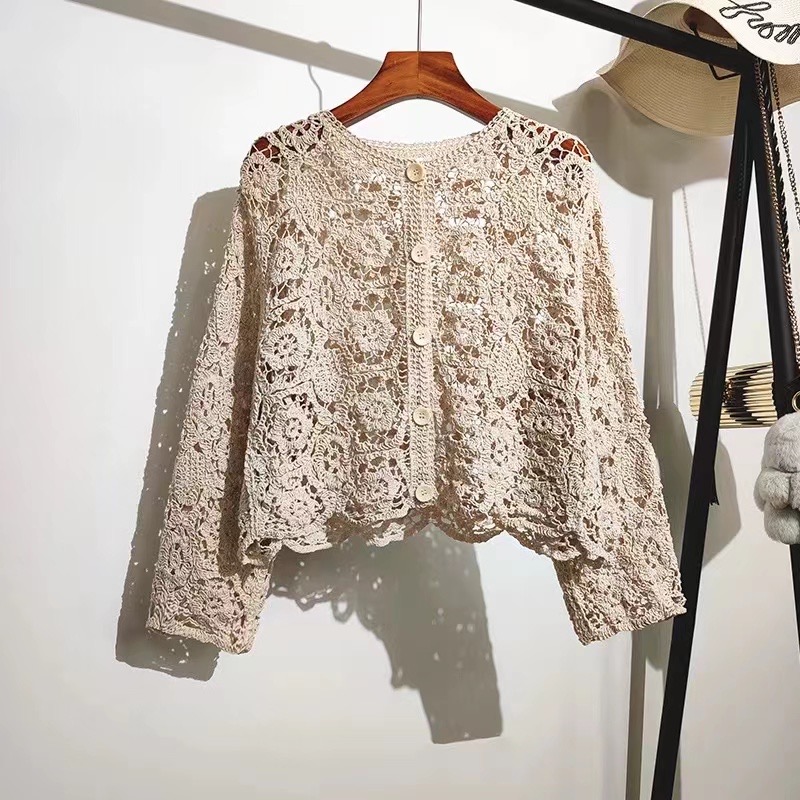 Manches longues Crochet haut en tricot plage Bikini couvrir boutonné Cardigan Blouse femmes blusas para mujer vacances Boho tenue