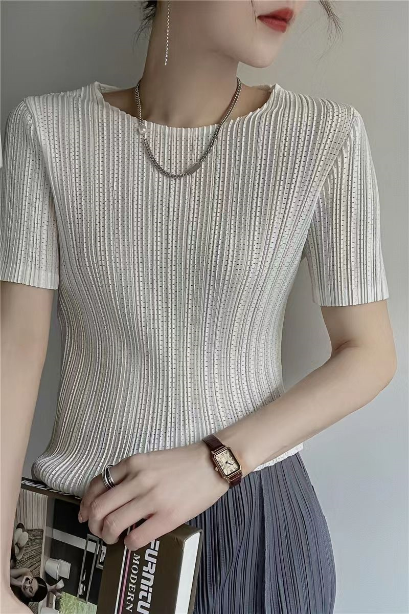 Femme vêtements haut femmes Miyake plissé à manches courtes femme été mince élastique col rond Joker mince plissé creux T-shirt
