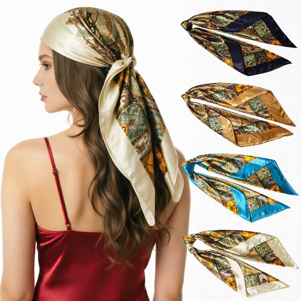 Lot de 4 foulards carrés de 90x90 cm, imitation soie, pour le cou, bandana, foulard de nuit, foulards de cheveux tendance pour femmes