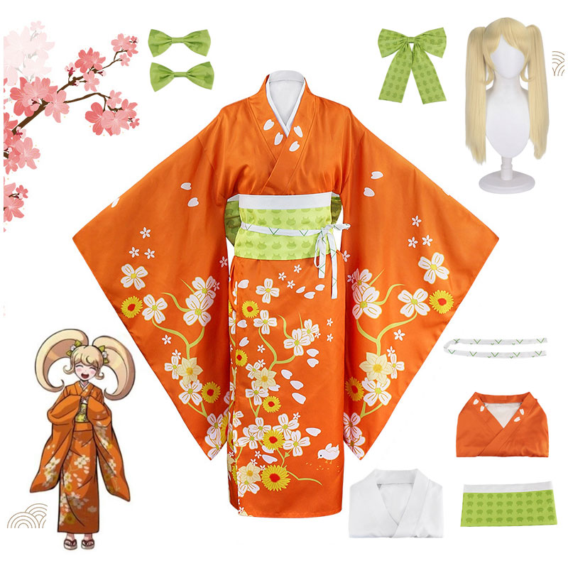 Costume de Cosplay Danganronpa 2 Hiyoko Saionji, Kimono pour femmes adultes, robe Orange, vêtements de carnaval d'halloween