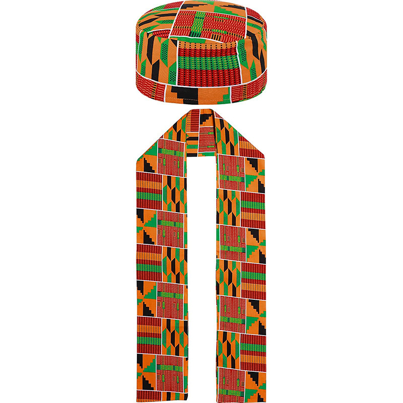 Ensemble de costumes de Cosplay à motif Kente africain, 2 pièces, avec chapeau Kufi, écharpe, étole, ceinture, histoire noire, accessoires de fête à thème africain