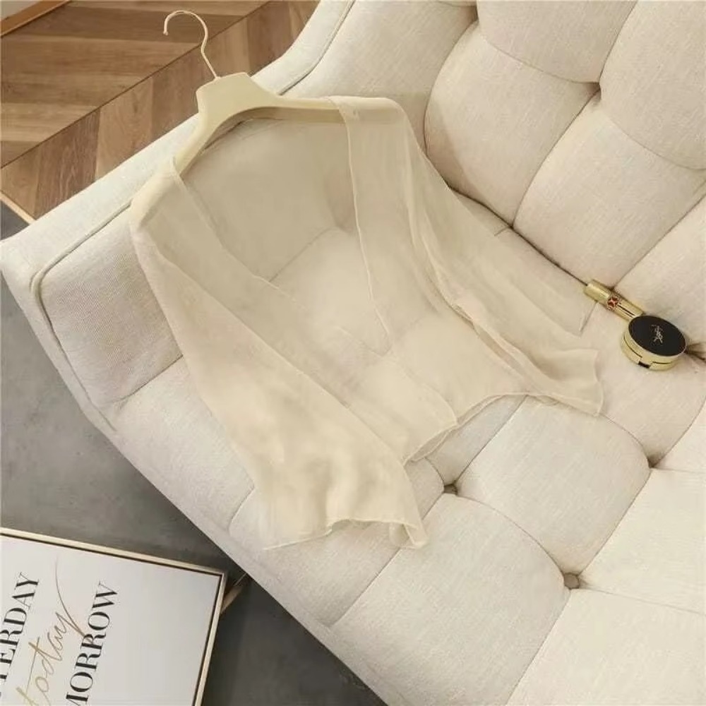 Cardigan d'été froissé pour femmes, ample, en mousseline de soie, Section fine, haut Transparent, châle court, petite veste