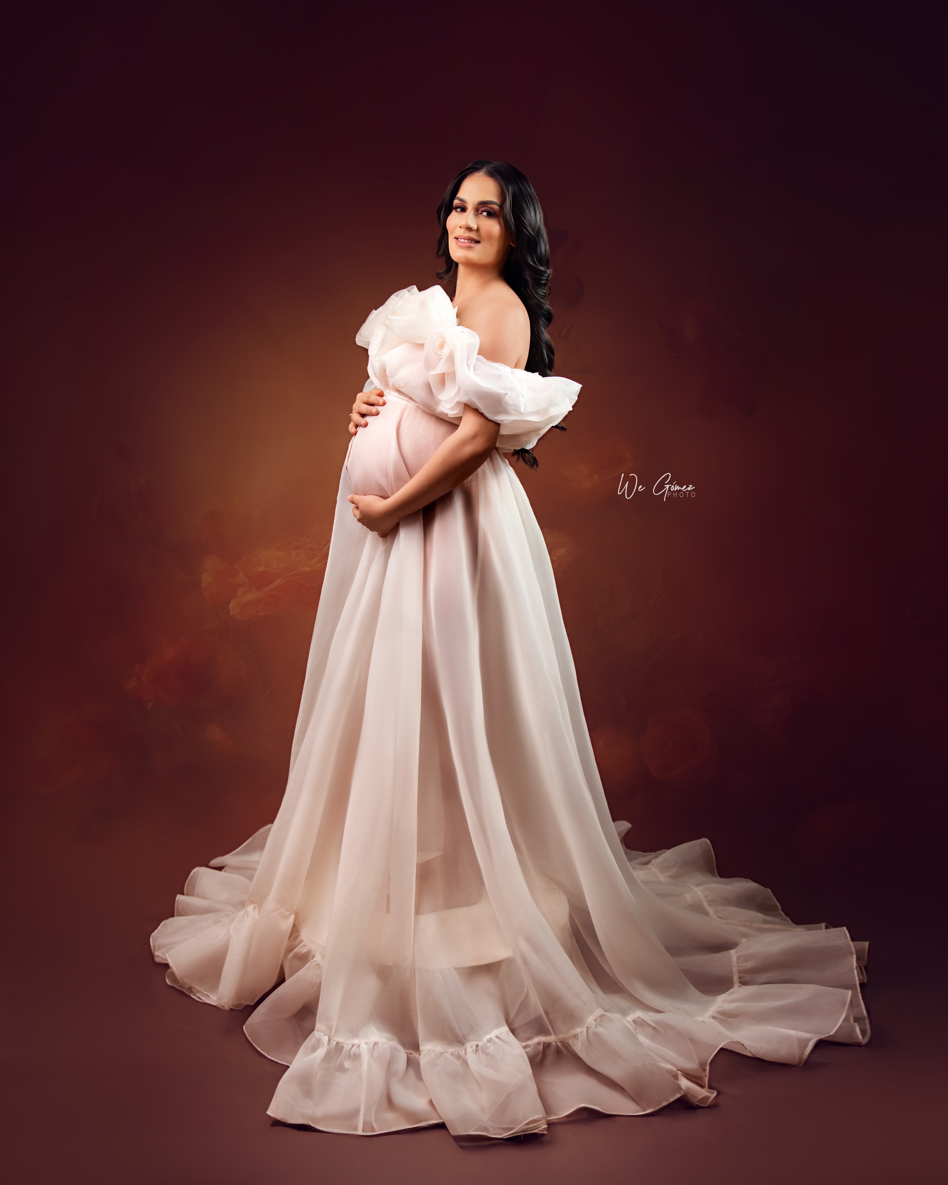 Robe de maternité élégante en organza transparent pour séance photo, robe de grossesse à fleurs 3D roses, épaules dénudées, fente avant