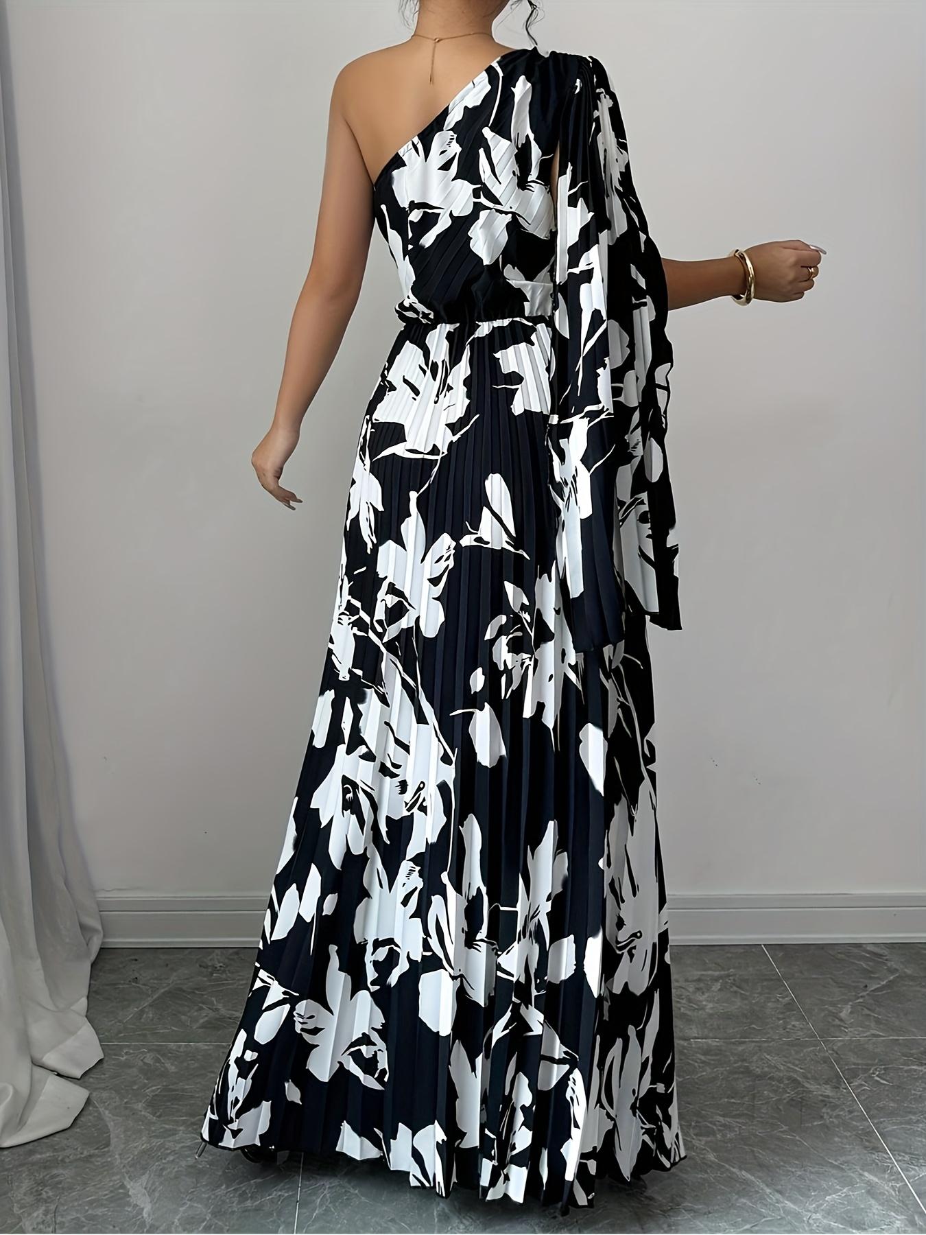 Robe longue élégante à imprimé floral pour femme, asymétrique à une épaule, avec manches bouffantes larges et taille froncée, idéale pour le printemps/automne, les tenues décontractées ou les soirées.