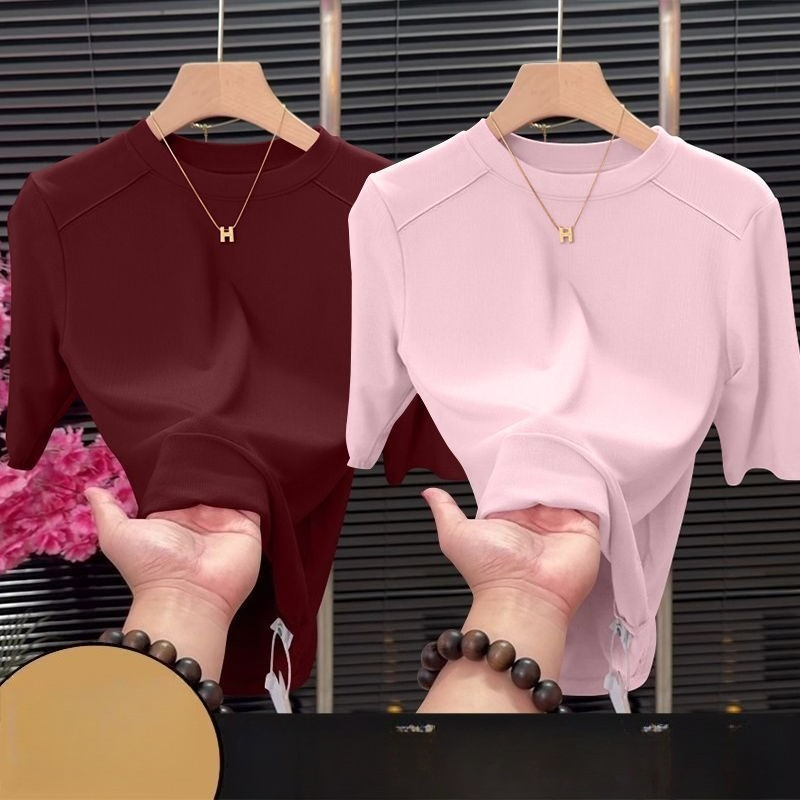 Haut à manches mi-longues pour femmes de style coréen, chemise basique tendance et polyvalente, coupe ajustée, col semi-haut, t-shirt à manches courtes, vêtements