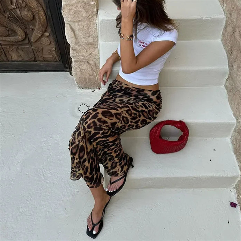 Lamuusaa-Jupe imprimée léopard pour femme, coupe couvertes, taille basse, batterie con, jupes longues, vêtements de fête, streetwear, y2k