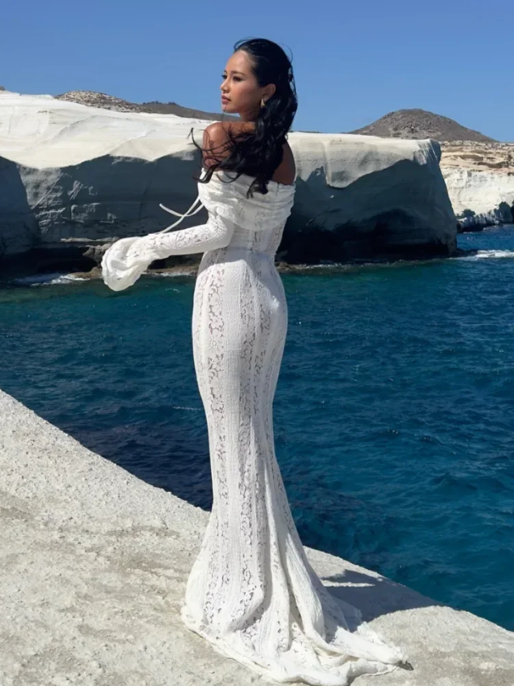 Robe de Soirée Transparente à Lacets pour Femme, Tenue Sexy, Ajourée, Manches Évasées, Enveloppée sur la Poitrine, Bord de Mer, Été 2024