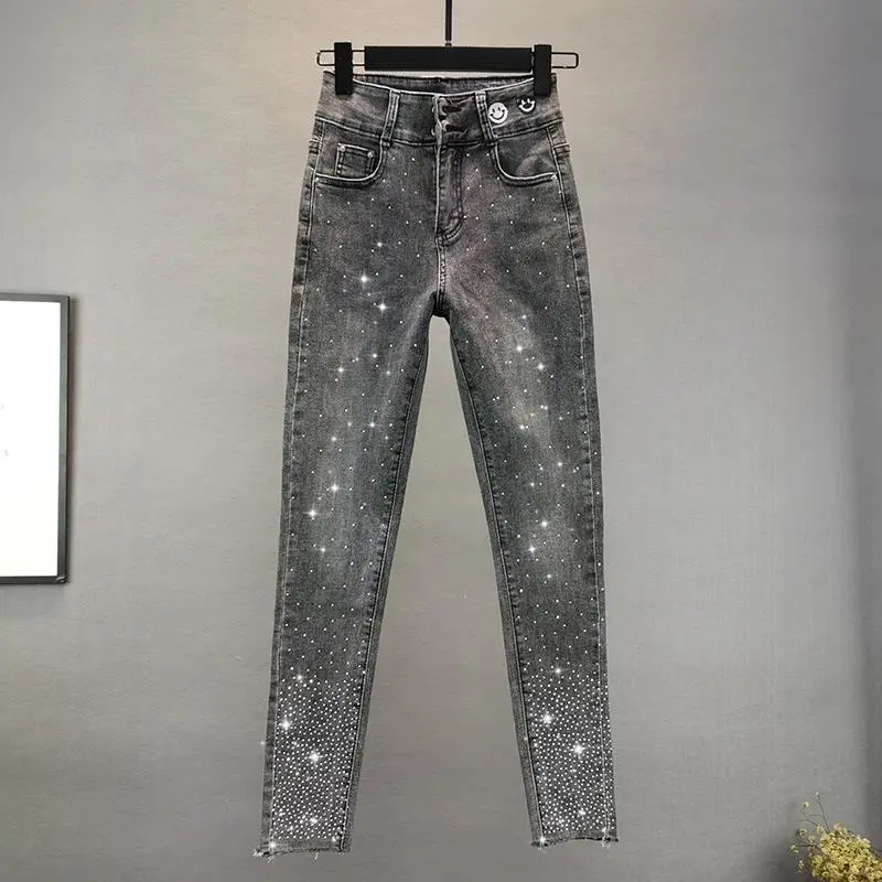 Jean femme 2025 été nouveau élastique mince industrie lourde diamant chaud petit pied crayon pantalon femme pantalon Denim décontracté