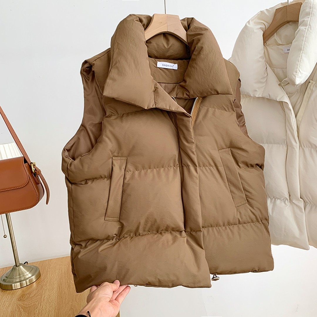 Femmes mode automne nouveau 2024 col montant élégant vers le bas manteaux vêtements d'extérieur chauds ceinture décontractée sans manches hiver femmes gilets vestes