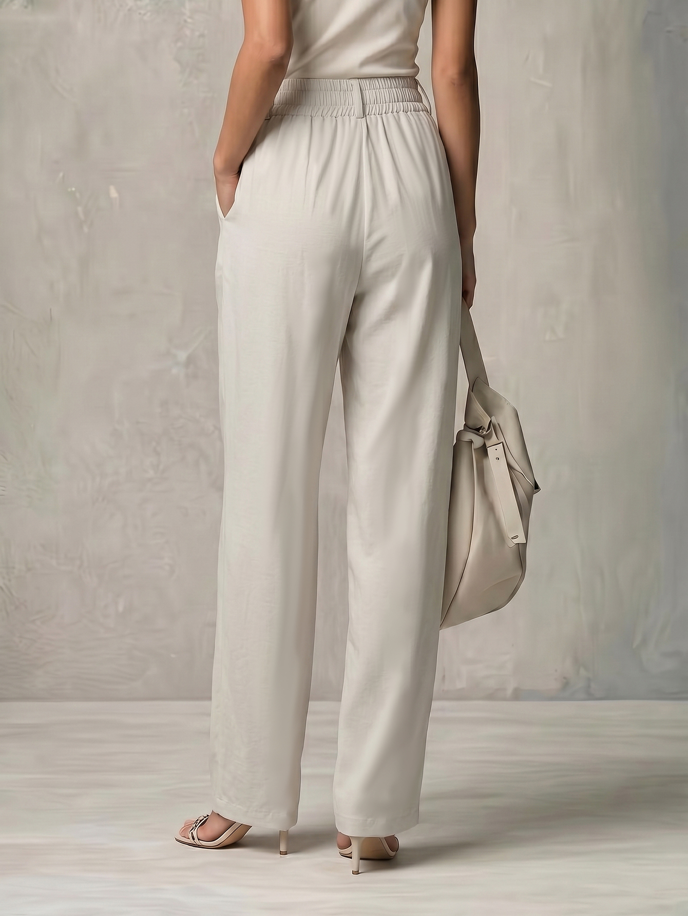 Style polyvalent et simple pour les trajets quotidiens, taille élastique à double bouton, coupe ample, amincissant, fin et élégant, décontracté, pour tous les jours, pour le lieu de travail, intellectuel, couleur unie,