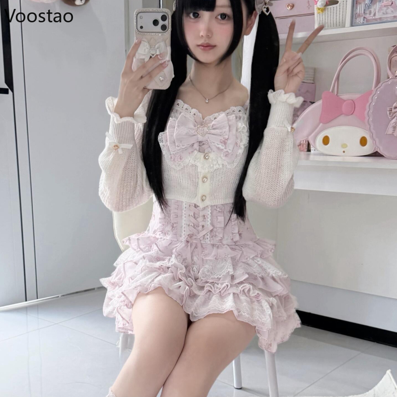 Ensemble 2 pièces Lolita japonaise pour femme, style Kawaii, avec nœud, bandage, dentelle florale, mini-robe et cardigan tricoté, tenues coréennes Y2K pour anniversaire