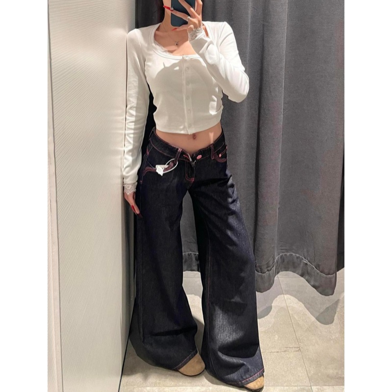 Jeans et pantalons pour femmes, taille basse, coupe évasée, en denim délavé, style décontracté d'été, effet ventre plat, jambe longue, coupe droite, jambe large