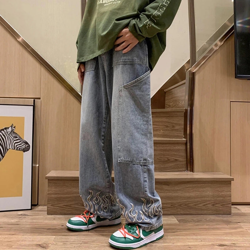 Jean à Jambes Larges pour Homme, Vêtement en Denim, avec Broderie de Flamme, Style Baggy Hip Hop, Décontracté, à la Mode, 2023