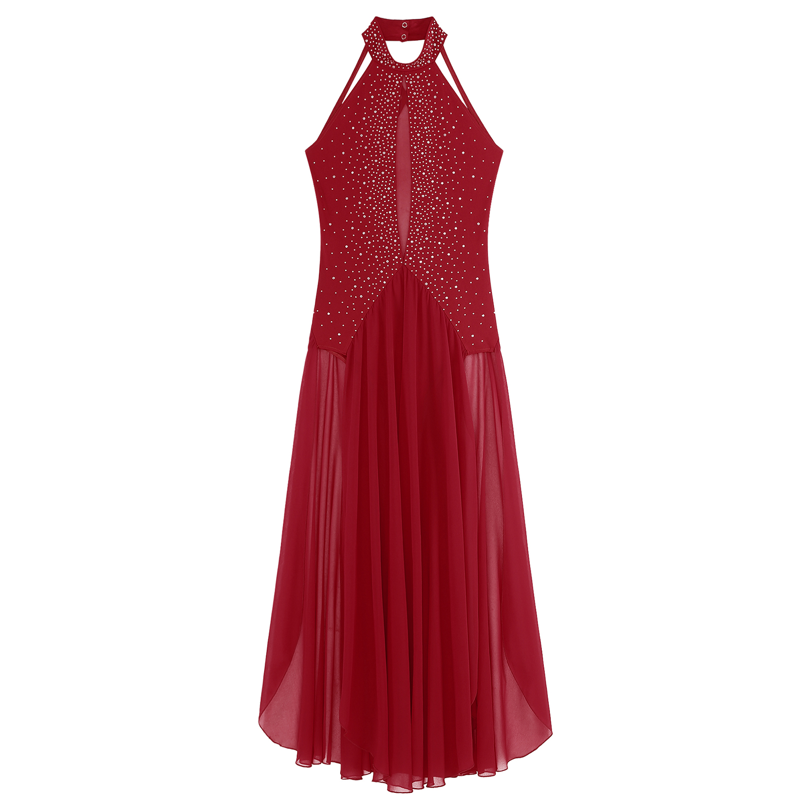 Robe de danse lyrique pour femme, tenue de danse moderne et contemporaine, dos nu à bretelles, ornée de strass, fendue, pour spectacle et compétition