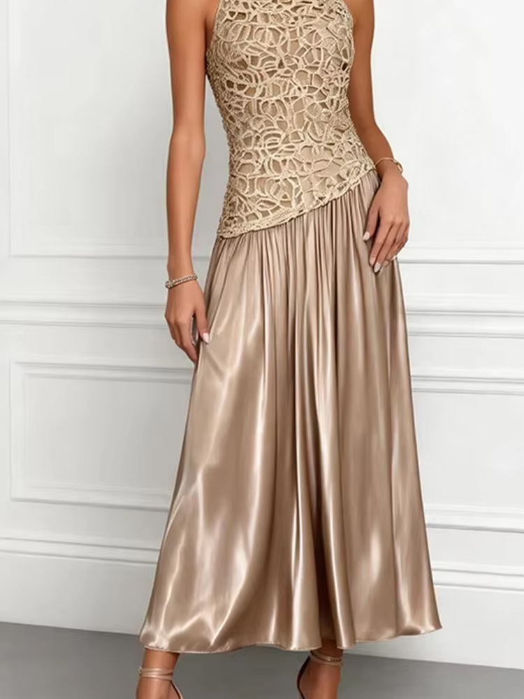 Robe de soirée élégante pour femme, col rond, taille haute, unie, plissée, longue, sexy, sans manches, avec broderie en dentelle et empiècements