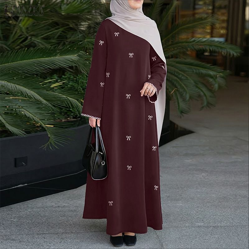 Robe longue ZANZEA musulmane modeste à imprimé nœud, col rond, manches longues, coupe ample, Abaya islamique, Hijabi, Robes de Ramadan pour femme