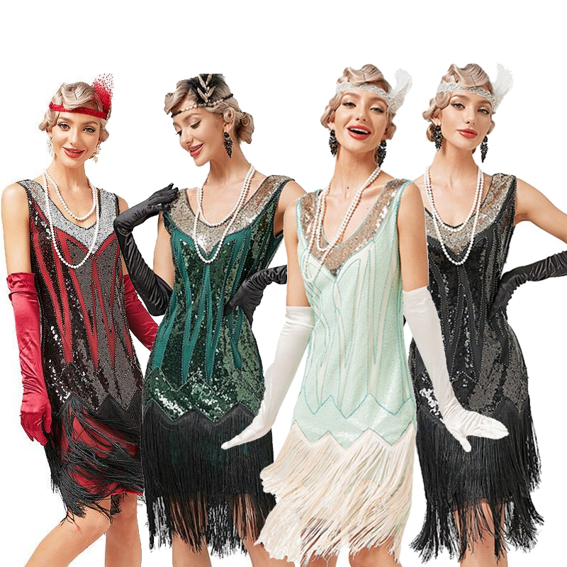 Robe de cocktail évasée à franges pour femmes, jupe longue, grande robe de soirée, paillettes de fibrine, pompon, vintage, testostérone, années 1920, été