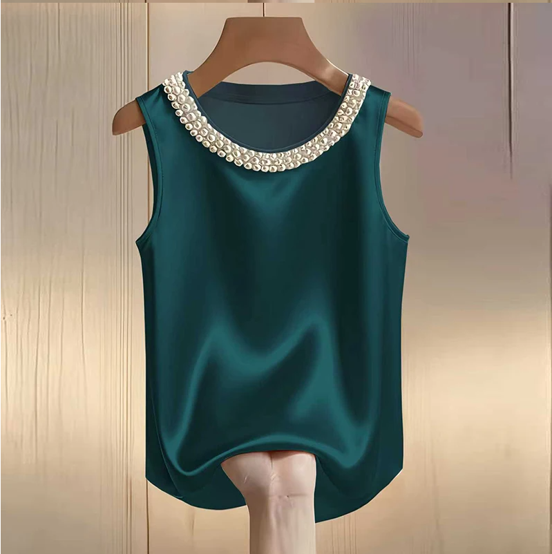 Chemise élégante en satin pour femme, chemisier en soie à motif perlé pour l'été, t-shirts amples pour femme, débardeurs tendance pour femme, tee-shirt élégant pour femme