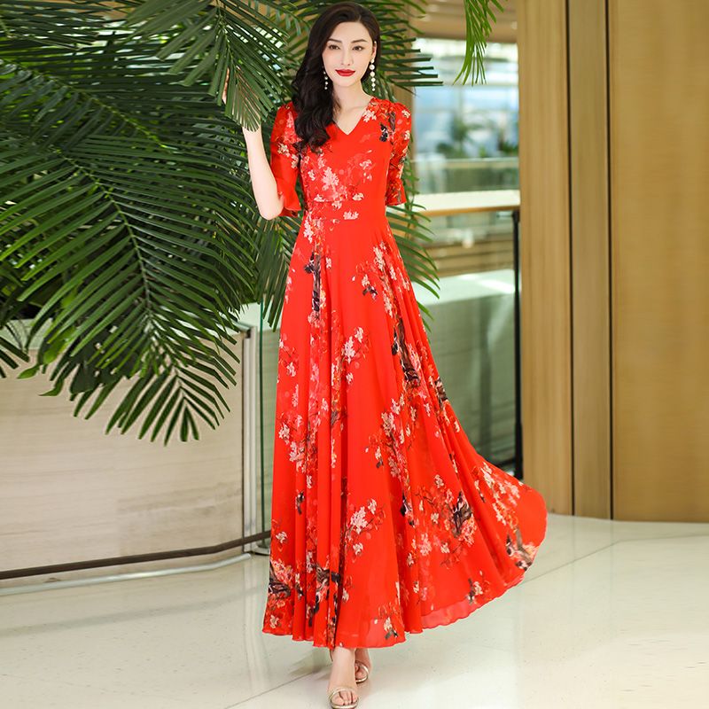 Robe longue imprimée en mousseline de soie pour femme, robe de plage mince bohème, col en V, manches moyennes, robe de soirée féminine, robe éducative, 4XL, nouveau, été, 2024