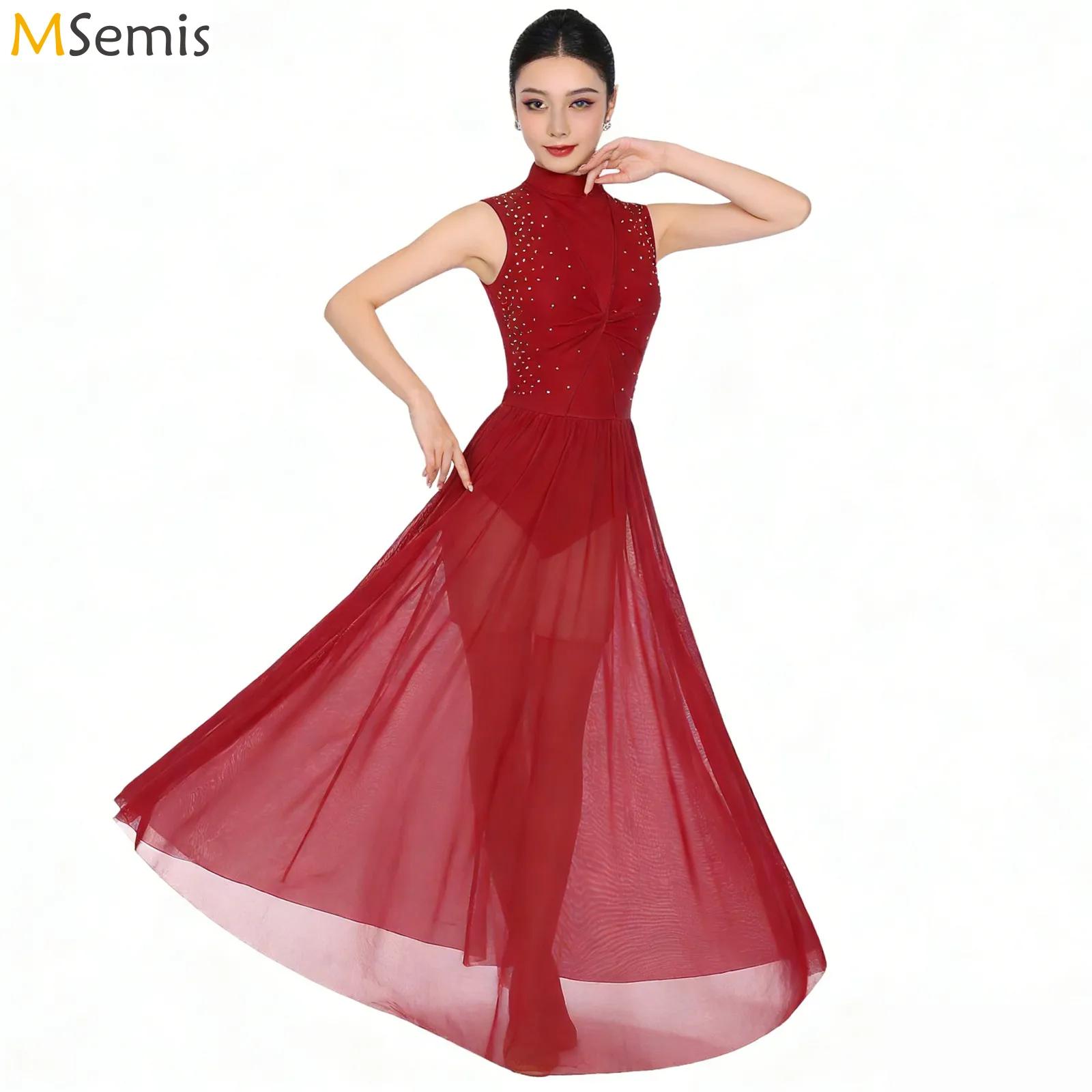 Robe de danse lyrique pour femmes, avec superposition en maille transparente torsadée et strass, idéale pour la gymnastique, le patinage artistique et la danse contemporaine