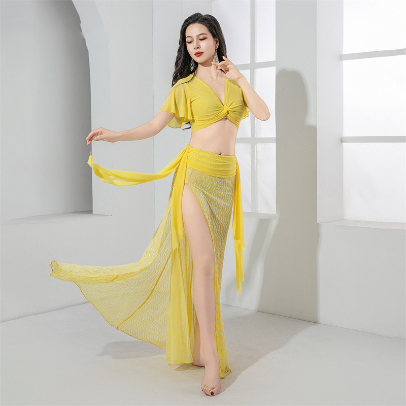 Ensemble de costumes de danse du ventre pour femmes, 2 pièces, jupe de danse orientale à paillettes, tenue Sexy fendue sur le côté, à volants, manches courtes, vêtements d'entraînement, 2025