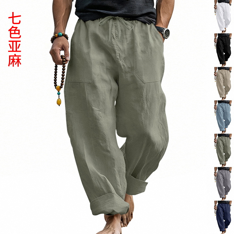 Pantalon homme 2026 décontracté, nouveau style plage, ample, en lin, avec poches, pour le printemps et l'automne, style vacances, pantalon fin, vêtements pour hommes