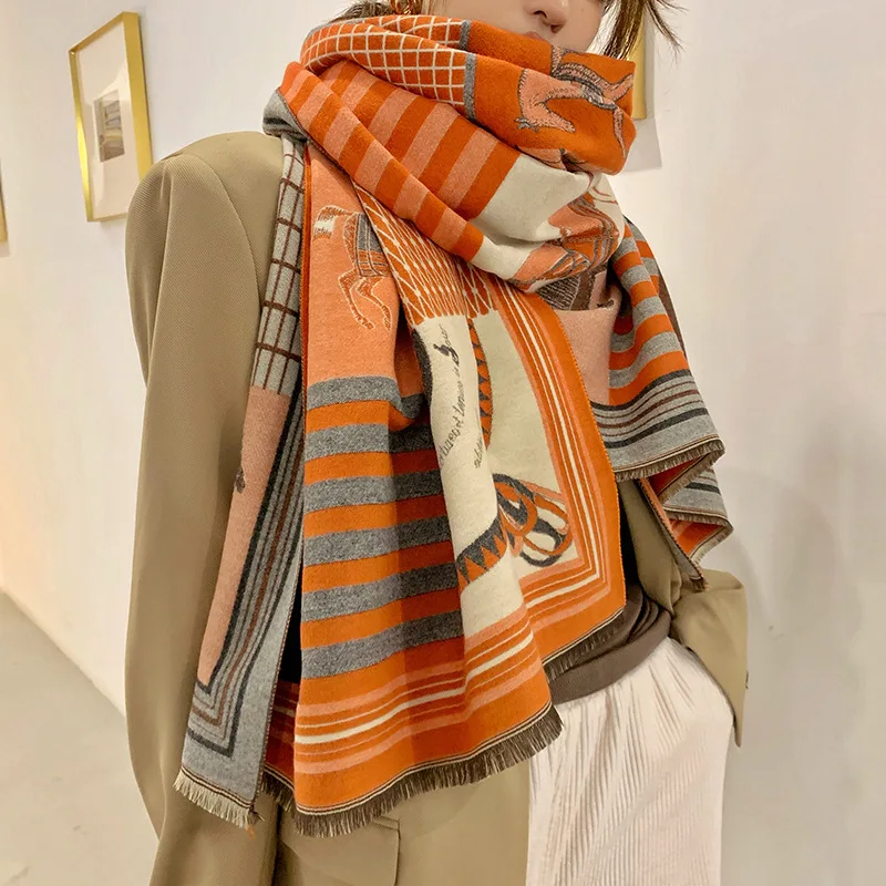 Écharpe de luxe en cachemire pour femme, Design chaud, couverture Pashmina, cheval, châle, épais, Bufanda, nouvelle collection hiver 2024