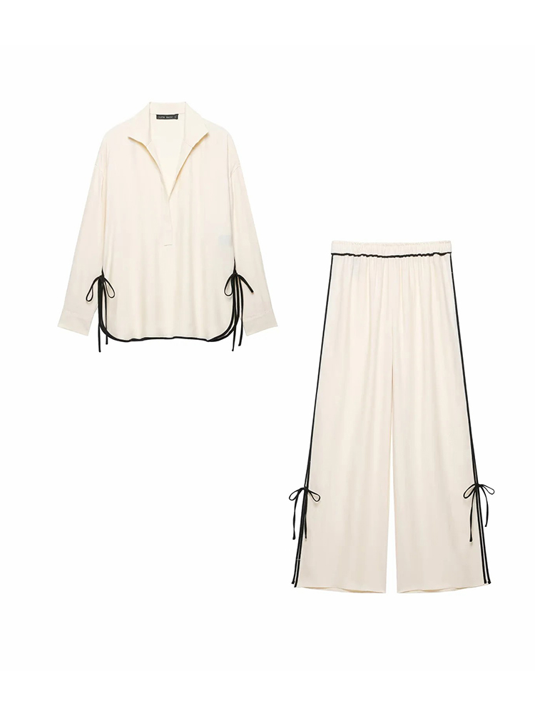 Ensemble 2 pièces pour femme : Blouse à col contrastant et manches longues, et pantalon large assorti – Tenue décontractée pour femme