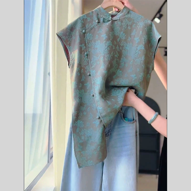 Chemisiers de Style chinois pour femmes, chemises coréennes, mode ample, vêtements Vintage imprimés, hauts sans manches pour femmes, printemps/été