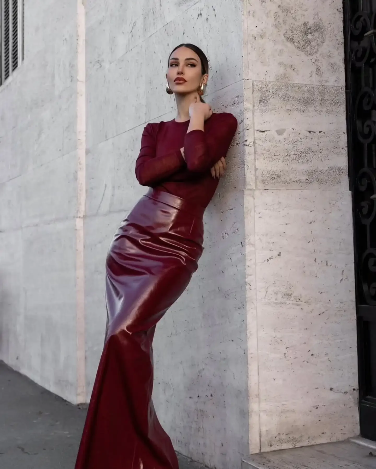 Jupe longue en cuir pour femmes, décontractée, bordeaux, fente au dos, Slim, élégante, taille haute, moulante, nouvelle collection printemps automne 2026